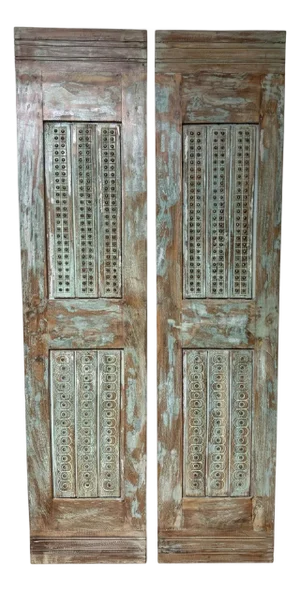 Antique Indian Carved Wood Doors With Brass Studs – Rustic Farmhouse Barn Doors 80x40