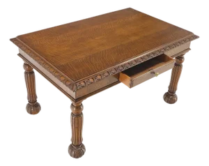 Heavy Fluted Carved Oak Legs 1 Drawer Arts & Crafts Desk Writing Table Clean!