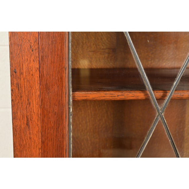 Brown Stickley Brothers Style Antique Arts & Crafts Carved Oak Bookcase Cabinet With Leaded Glass Doors, Circa 1900 For Sale - Image 8 of 14