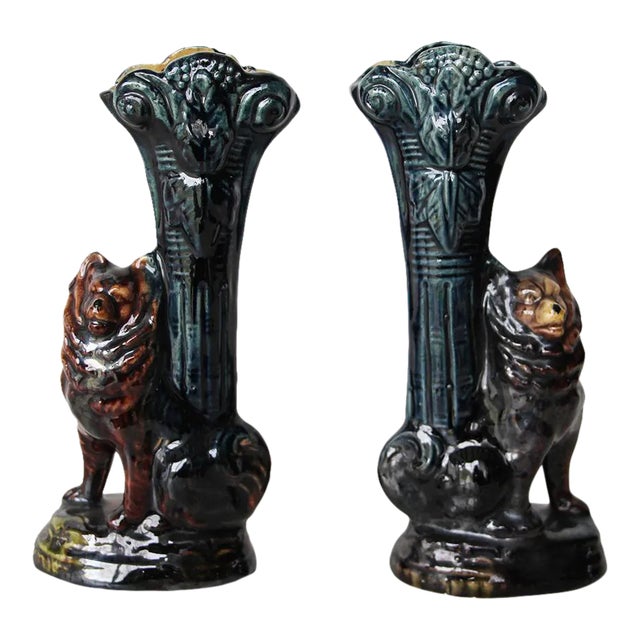 Antique Portuguese Palissy Ware Vases - A Pair For Sale