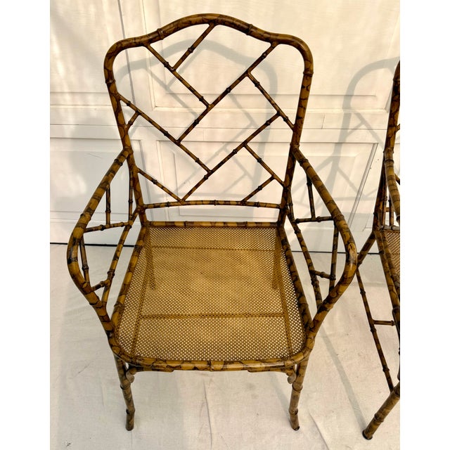 Labarge Pair of Mid-20th Century Faux Bamboo Metal Indoor/Outdoor Armchairs With Burnt Bamboo Tortoiseshell Finish For Sale - Image 4 of 16