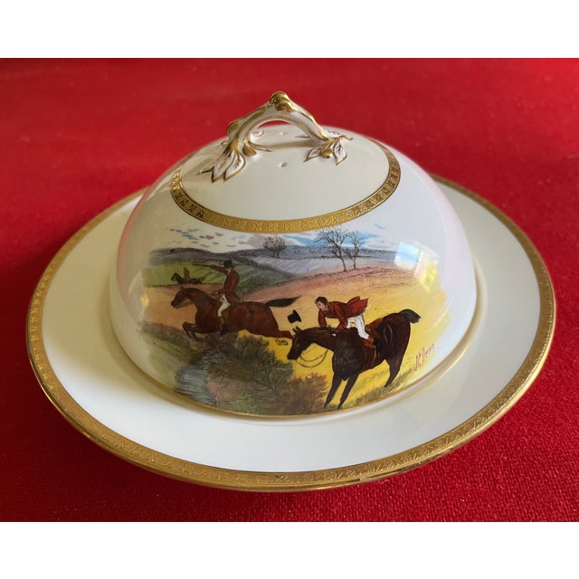 Antique Minton porcelain equestrian themed covered dish decorated with hand painted horses and riders signed J.E. Dean....