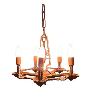 1920s Art Deco Brass Five Light Romantic Revival Polychrome Candelabra Chandelier For Sale