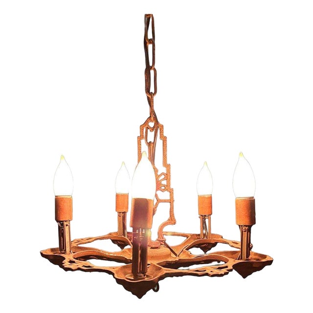 1920s Art Deco Brass Five Light Romantic Revival Polychrome Candelabra Chandelier For Sale