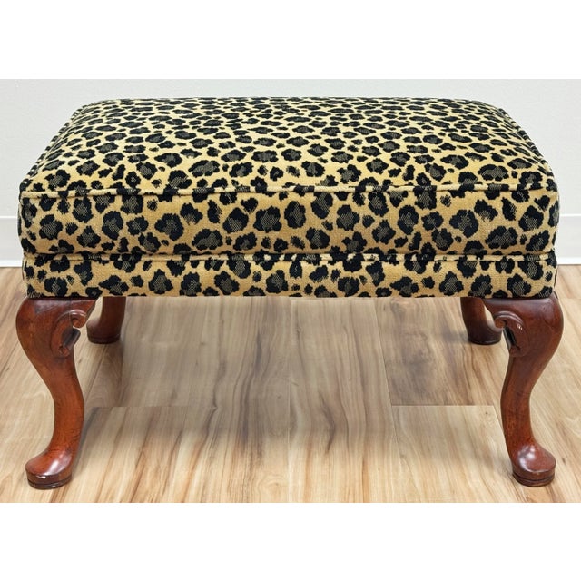 Vintage Curved Wood Leg Upholstered Leopard Print Ottoman For Sale - Image 4 of 10