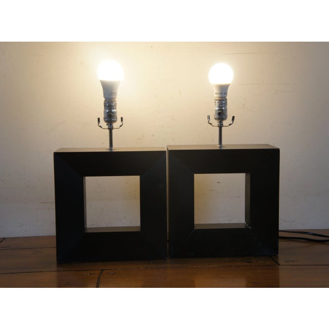 Mid-Century Modern Pierced Square Geometric Cubed Wood Table Lamps - Set of 2 For Sale - Image 4 of 10