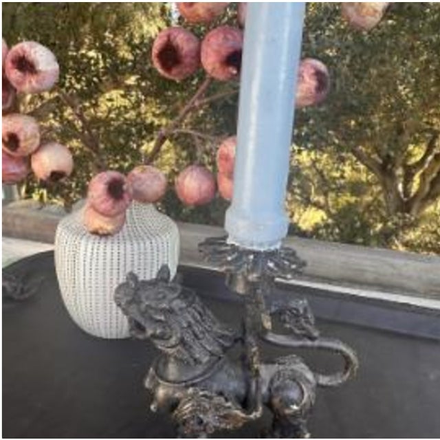 Vintage Bronze Chinese Foodog Candlestick Holder For Sale - Image 4 of 9