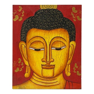 Vintage HandPainted Artistic Buddha Head Wood Plaque Art For Sale