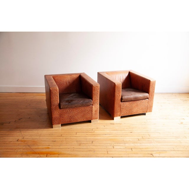 Wood 1990s Pair of Minotti “Suitcase Line” Club Chairs in Crocodile Leather. For Sale - Image 7 of 14