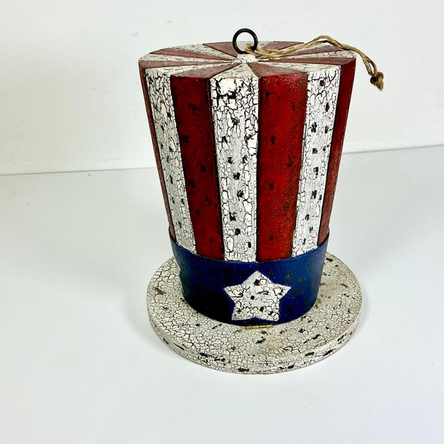 Antique White 1980s Vintage Boho Chic Americana Arts & Crafts Uncle Sam Hat Bird House Holiday Accent - 4th of July For Sale - Image 8 of 10