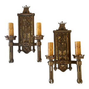 Early 20th Century Cast Bronze Tudor Style Double Wall Sconces With Mica Backplates