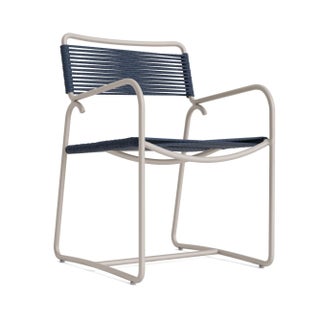 Brown Jordan Walter Lamb Aluminum Arm Chair, Dove frame with Marine fabric For Sale