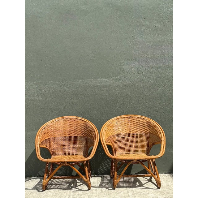 Wood Vintage Woven Rattan Lounge Chairs - Pair For Sale - Image 7 of 12