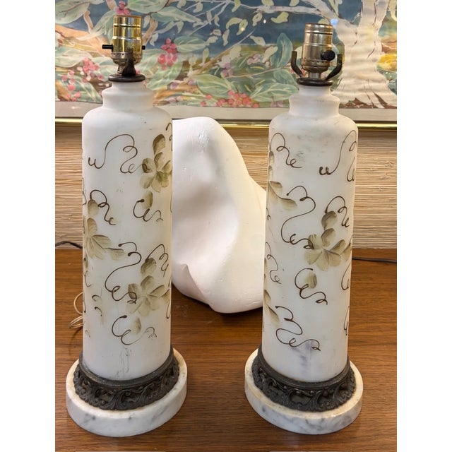 Mid 20th Century Mid Century Glass and Marble Lamps With Gold Applied Flowers and Vine Design For Sale - Image 5 of 7