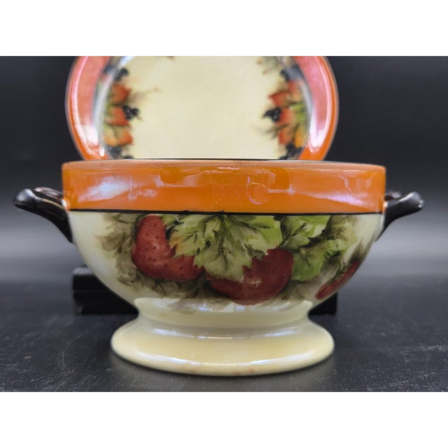 Early 20th Century Vintage Bavarian Porcelain Bouillon Bowl & Saucer, Hand-Painted Strawberry Motif, Double-Signed Set, Opalescent Lustre, l.d. Bloch & Co. Bavaria For Sale - Image 5 of 18