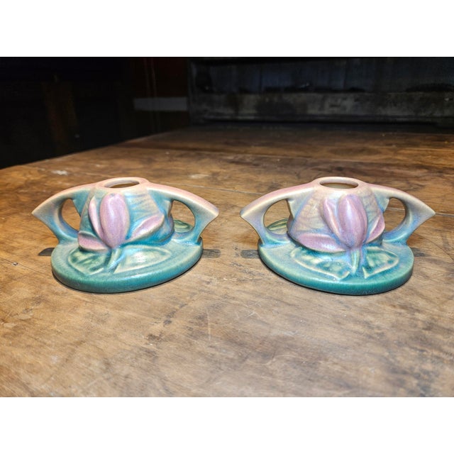 Art Deco Pair of Roseville Water Lily Single Candle Holders For Sale - Image 3 of 8