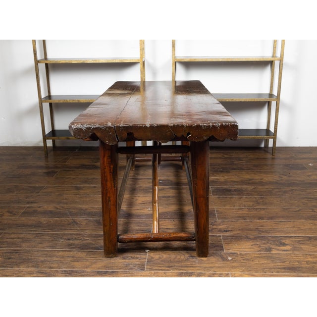 American 1900s Rustic Pine Log Table with Straight Legs and Side Stretchers For Sale - Image 9 of 11