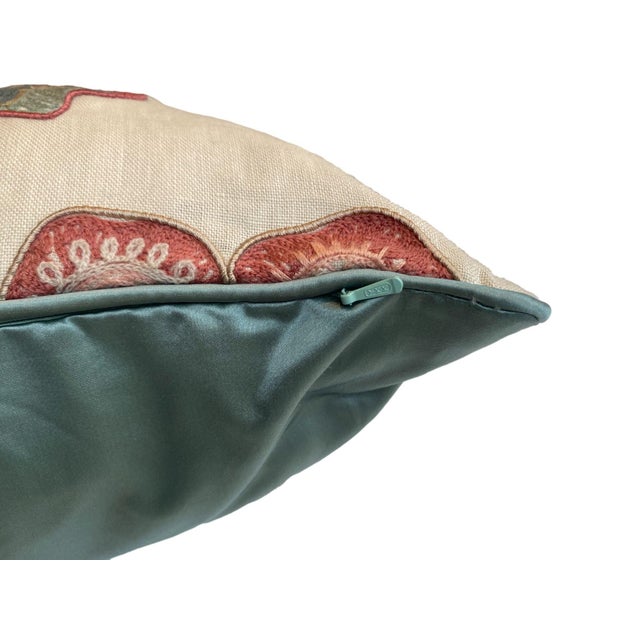 Pink & Blue Floral Embroidered Throw Pillow Cover For Sale - Image 4 of 4