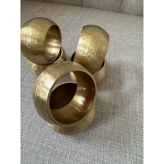 Vintage Hammered Brass Napkin Rings- Set of 6 For Sale - Image 4 of 7
