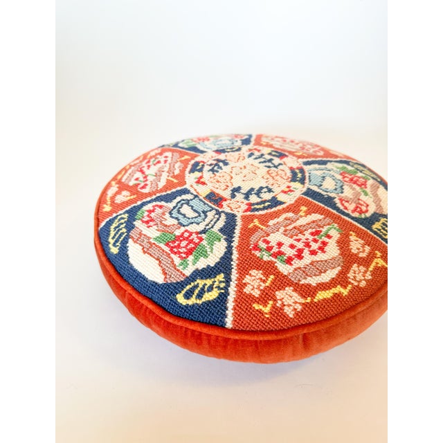 Absolutely fantastic vintage handmade Imari needlepoint pillow with rich rust red colored velvet welt and back. With...