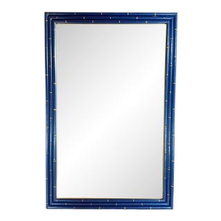 Vintage Palm Beach Regency Medium Faux Bamboo Wall Mirror Newly Painted Blue With Hand Gilt Accents For Sale