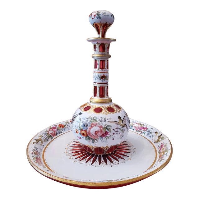 Antique Bohemian Glass Moser Ruby Bottle With Tray For Sale