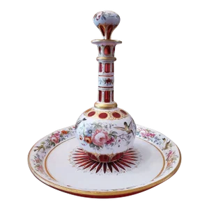Antique Bohemian Glass Moser Ruby Bottle With Tray