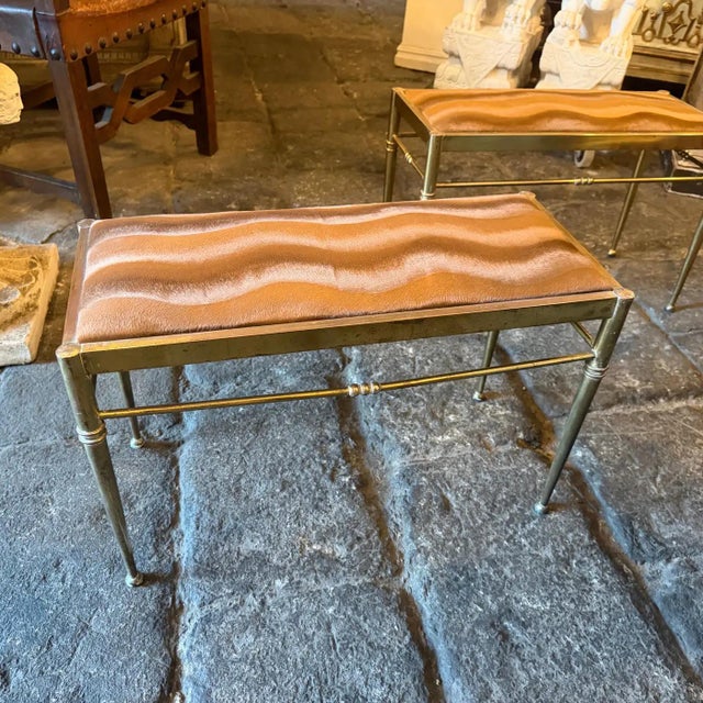 Two 1950s Mid-Century Modern Brass and Brown Velvet Rectangular Italian Stools For Sale - Image 14 of 16