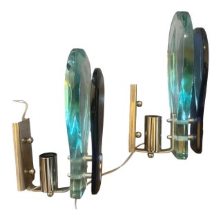 Two 1960s. Space Age Steel and Blue and Verde Nilo Glass Wall Sconces by Veca For Sale