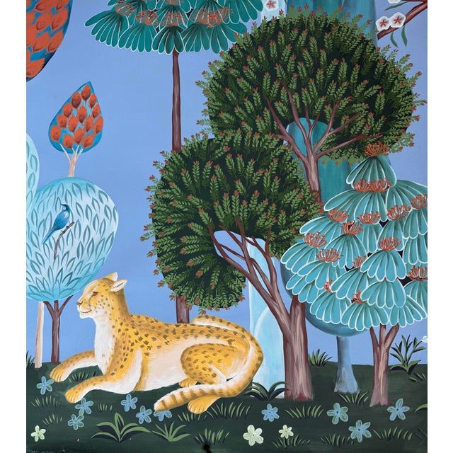 Blue Chinoiserie Mural | Hand-Painted Xuan Paper Wallpaper With Birds, Tropical Foliage & Leopard | Set of 4 For Sale - Image 4 of 7