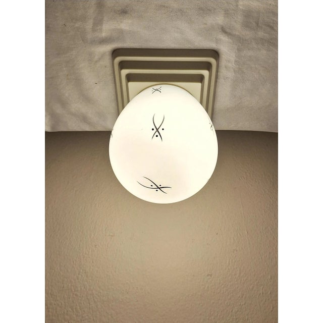 Mid-Century Modern Mid-Century Modern Ceiling Lamp with Stepped Cream-White Bakelite Base and White Glass Shade with Hand-Painted Black Decor by Niko, 1950s For Sale - Image 3 of 8