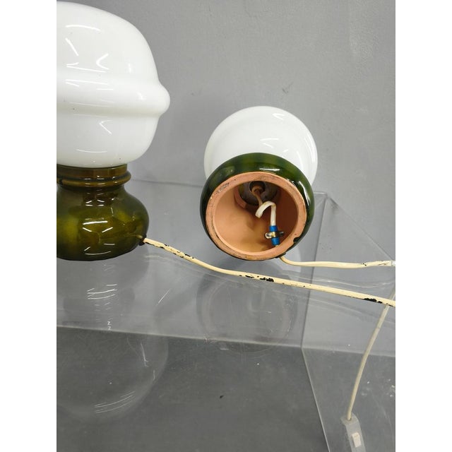 Milk Glass and Green Ceramic Table Lamps, Czech, 1970s, Set of 2 For Sale - Image 12 of 13