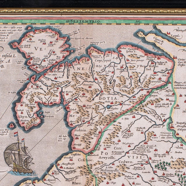 Antique Map of Wales, Belgian, Framed Atlas Excerpt, Elizabethan, Humphrey Llwyd For Sale - Image 6 of 12