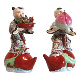 1940s Hand Painted Porcelain Chinese Figuirines on Gourds Bearing Gifts - a Pair For Sale