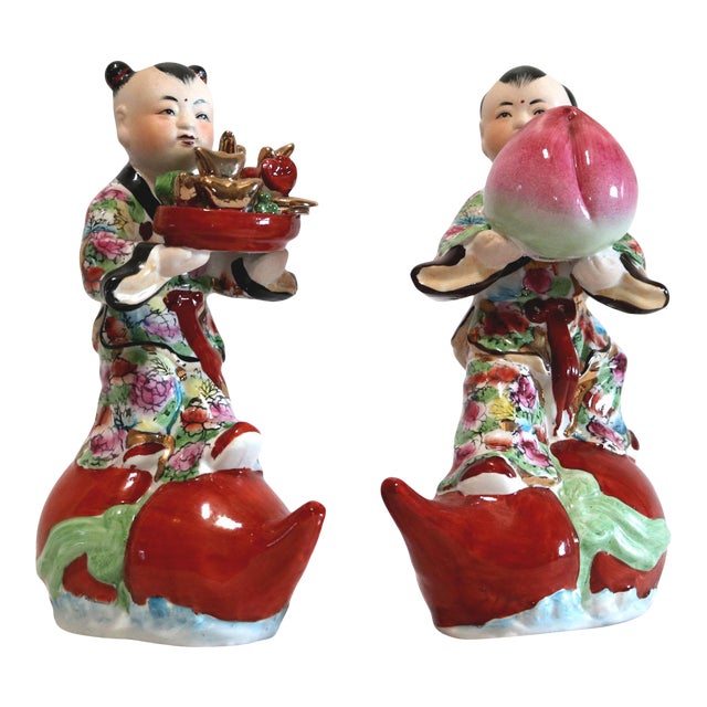 1940s Hand Painted Porcelain Chinese Figuirines on Gourds Bearing Gifts - a Pair For Sale