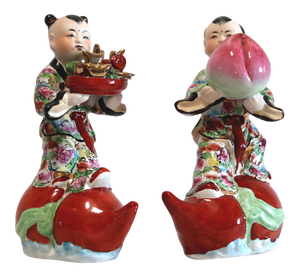 1940s Hand Painted Porcelain Chinese Figuirines on Gourds Bearing Gifts - a Pair