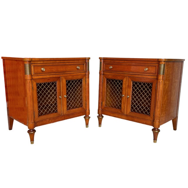 Wood 1960's Kindel French Regency Louis XVI Walnut Nightstands With Lattice Doors For Sale - Image 7 of 15