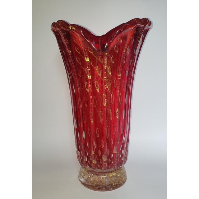 Mid-Century Modern Vintage Murano Glass Vase Bullicante Red Gold Attr Barovier Toso For Sale - Image 3 of 17