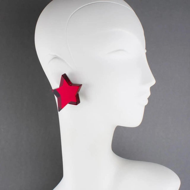 Red Kaso Oxblood Red Acrylic Lucite Star Clip Earrings For Sale - Image 8 of 8
