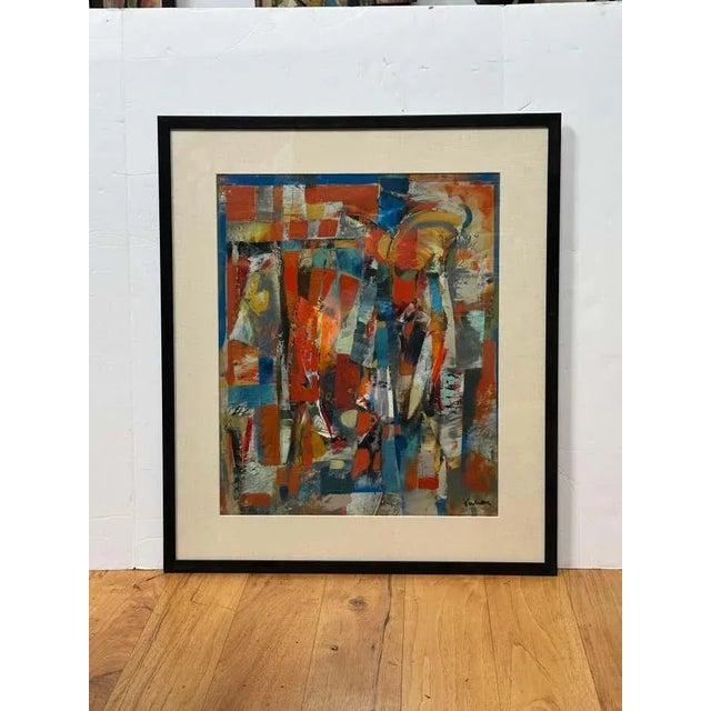 In this abstract painting marked by broad brushstrokes, vertical and rectangular forms, bold colours - an explosion of...