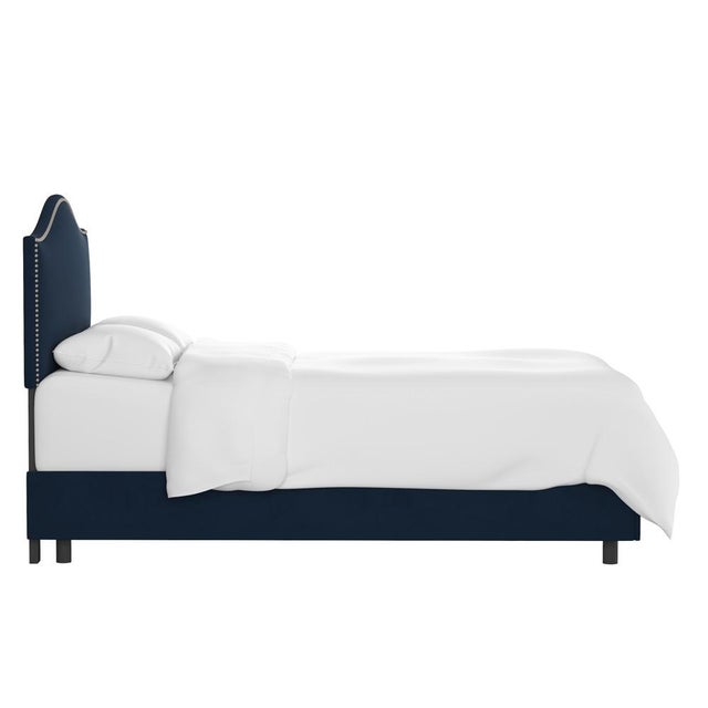 Contemporary Twin Camelback Bed in Velvet Ink with Pewter Nails For Sale - Image 3 of 6