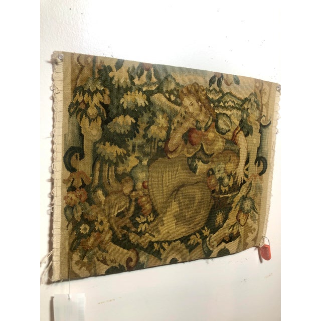 Recreated mid 16th century hand woven 100% wool tapestry fragment featuring seated female figure with basket of fruit in...