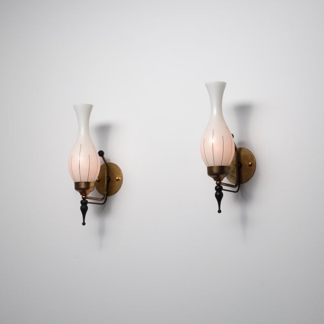 Italian Brass, Black Lacquered Metal and Opaline Glass Wall Sconces, 1950s, Set of 2 For Sale - Image 9 of 10