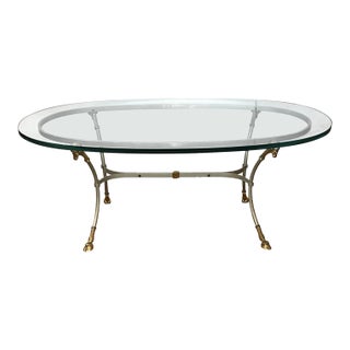 Neoclassical Style Hollywood Regency Brushed Steel & Brass Oval Coffee Table For Sale