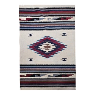 Vintage American Southwestern Saltillo Kilim Rug, Medallion & Striped Pattern, Ivory & Red, 5x7 For Sale
