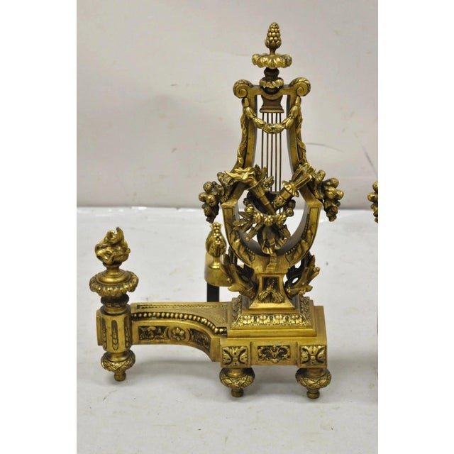 Antique French Empire Neoclassical Bronze Figural Lyre Harp Andirons - A Pair For Sale - Image 10 of 12