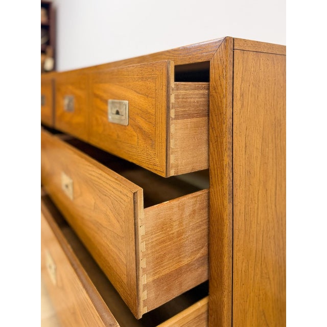 Vintage MCM Dixie Act 2 Campaign Style Dresser Brass Pulls Warm Wood Tone Lowboy For Sale - Image 10 of 14