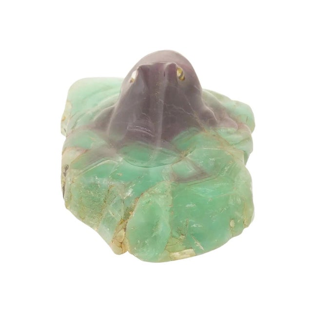 A vintage hand-carved chrysoprase sculpture representing a frog swimming out of water. Gemstone cabochon eyes. Unmarked....