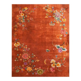 1920s Orange Floral Antique Chinese Art Deco Rug 9' X 11'6" Handknotted Wool Carpet For Sale