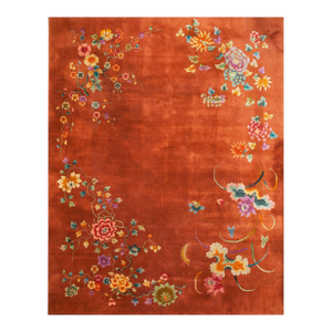 1920s Orange Floral Antique Chinese Art Deco Rug 9' X 11'6" Handknotted Wool Carpet